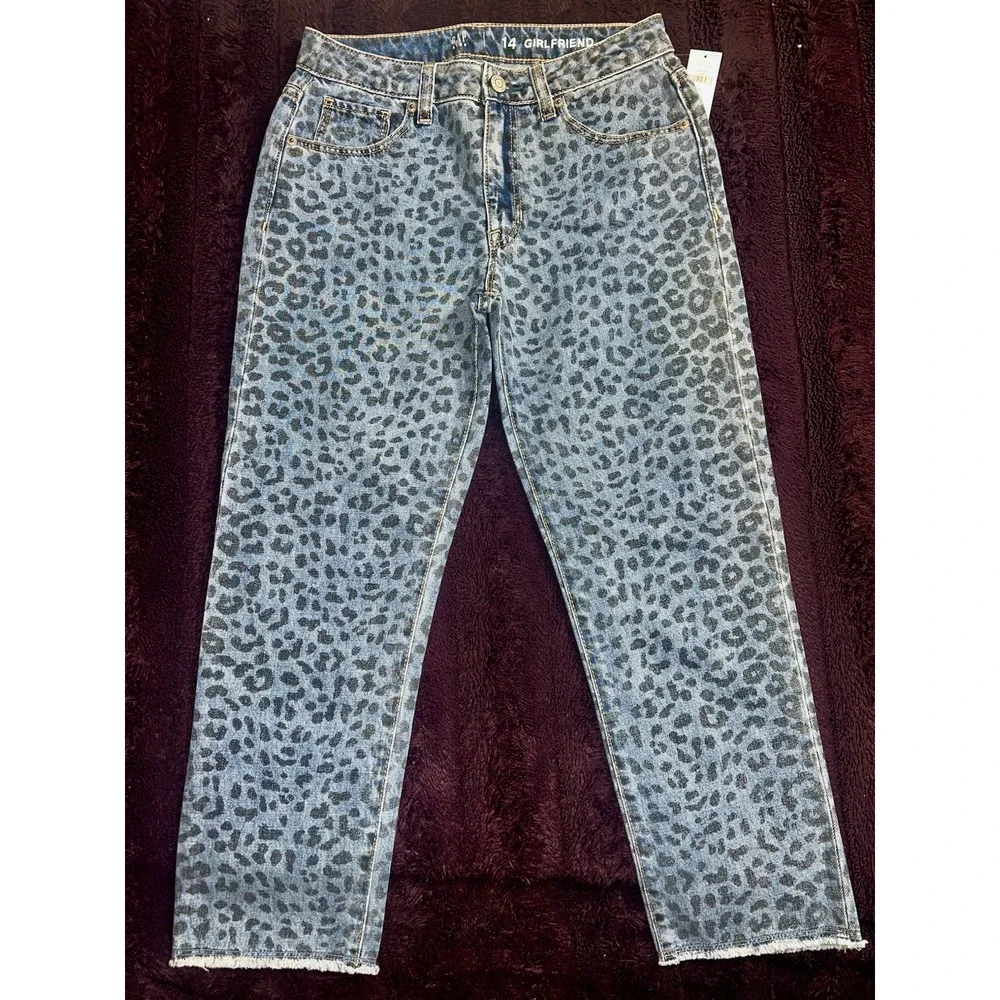 Gap Kids Leopard Print Girlfriend Jeans Size 14 Raw Hem Denim NWT